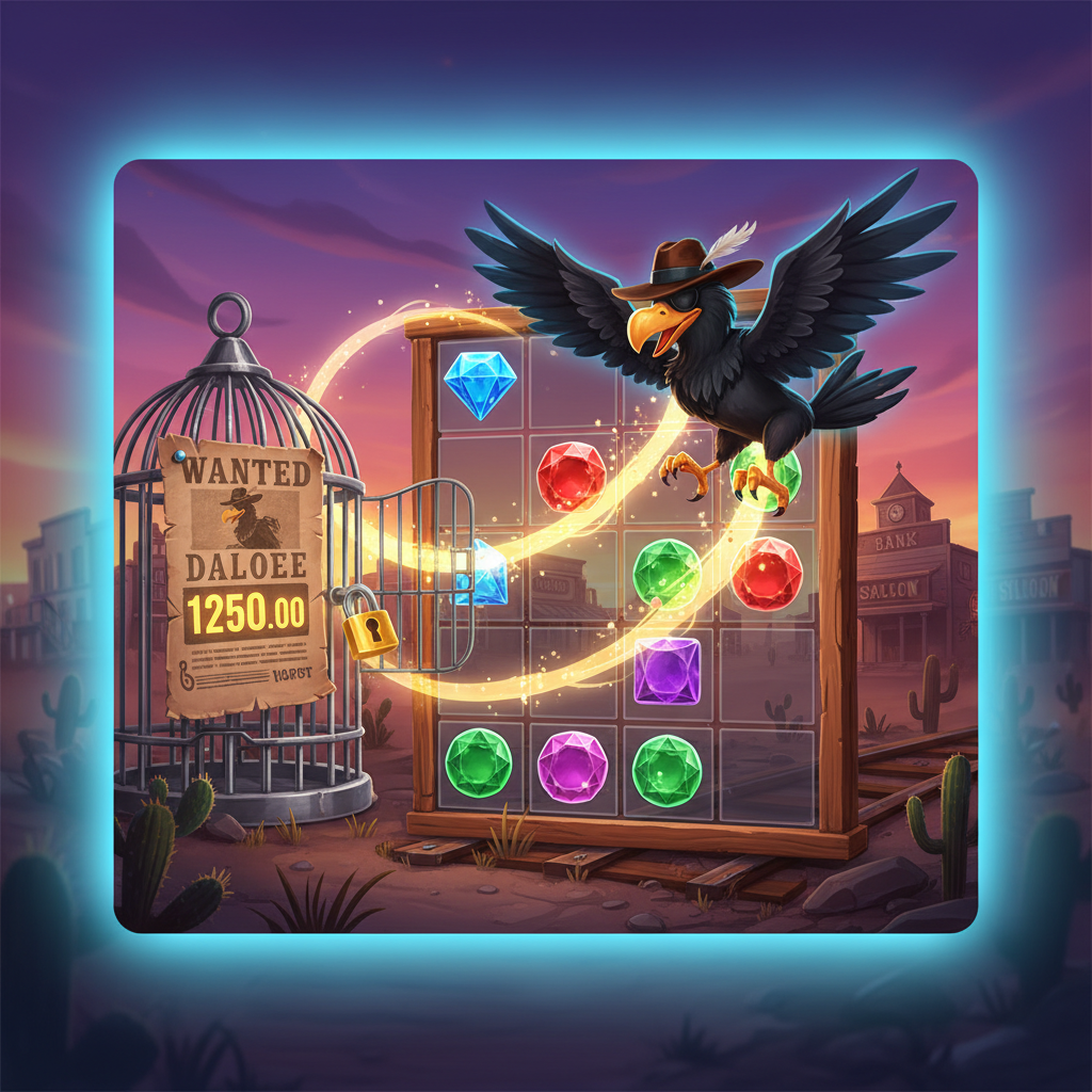 Pirots 3 Bandit Escape-funktion med gamfågeln som samlar ädelstenar i alla färger och wanted-affisch med ackumulerat värde
