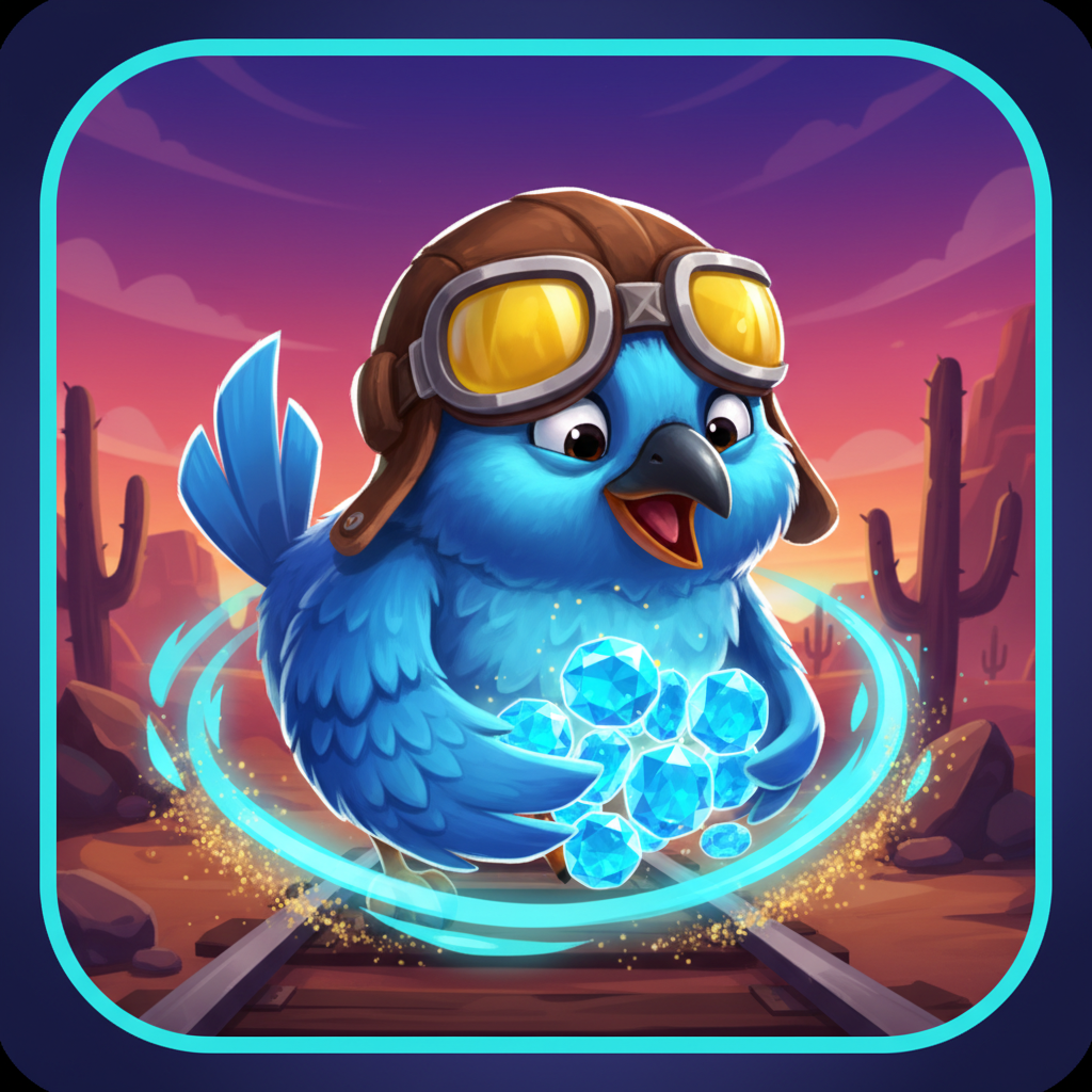 Pirots 3 Blå Fågel med gula flygglasögon och brun flygmössa som samlar safirblå ädelstenar