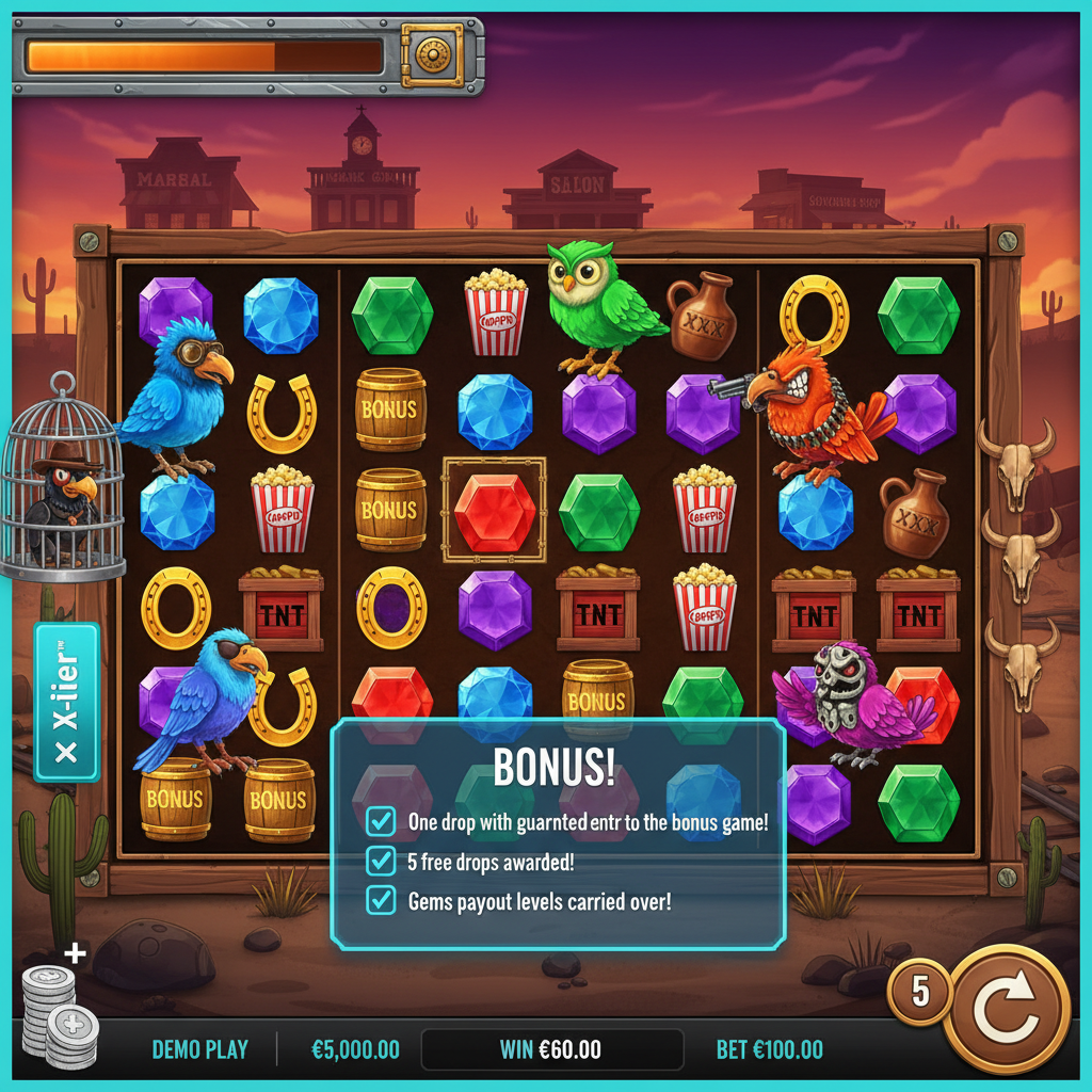 Pirots 3 standard bonusspel med 5 gratis dropp och gyllene bonustunna-symbol på spelplanen