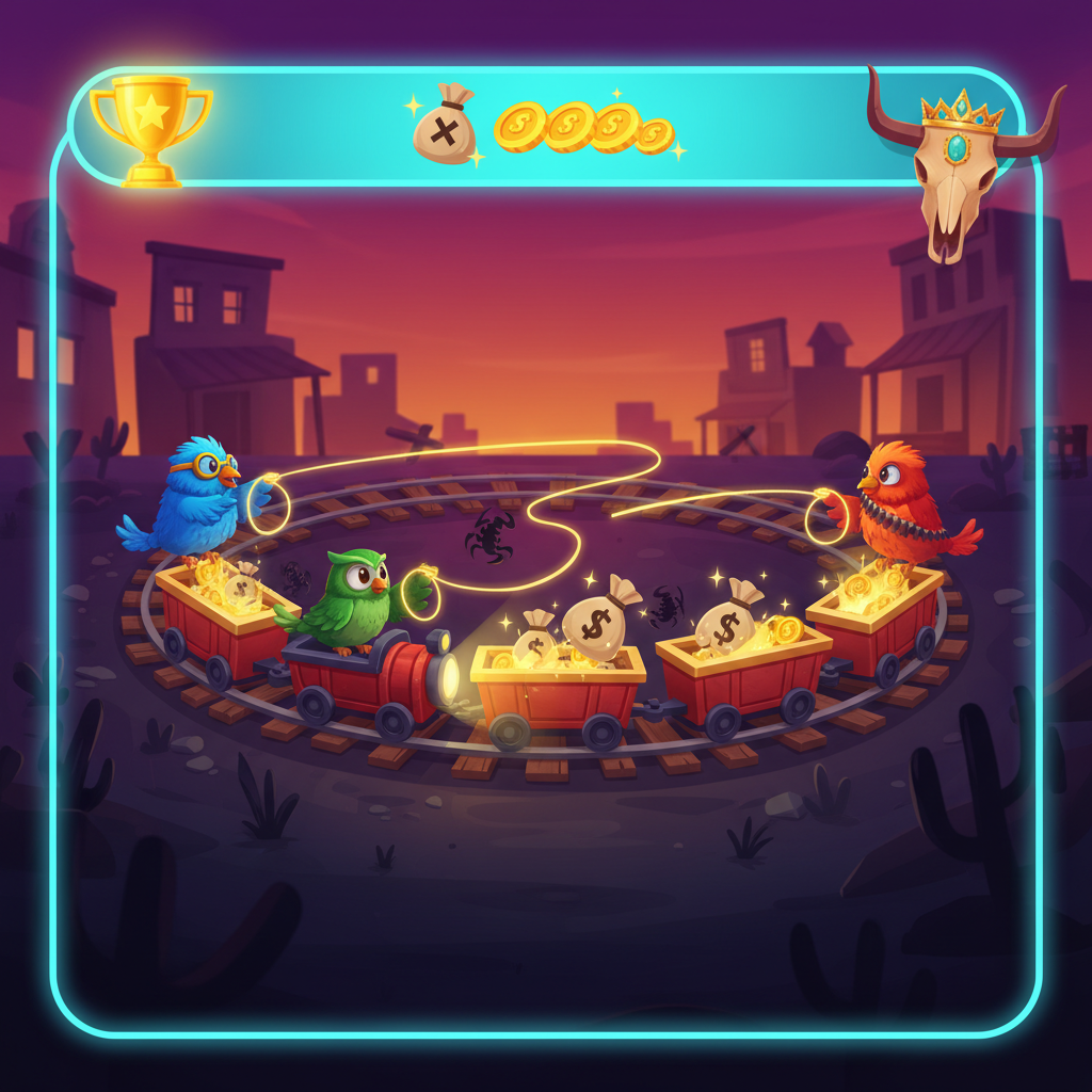 Pirots 3 Coin Game där fåglar kastar lassos från tåget för att fånga myntpåsar och undvika skorpioner