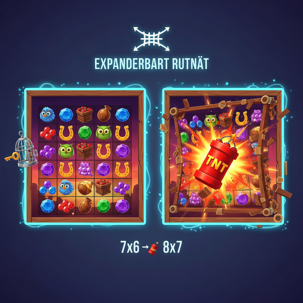 Pirots 3 expanderbart rutnät som växer från 7x6 till 8x7 med dynamitexplosioner