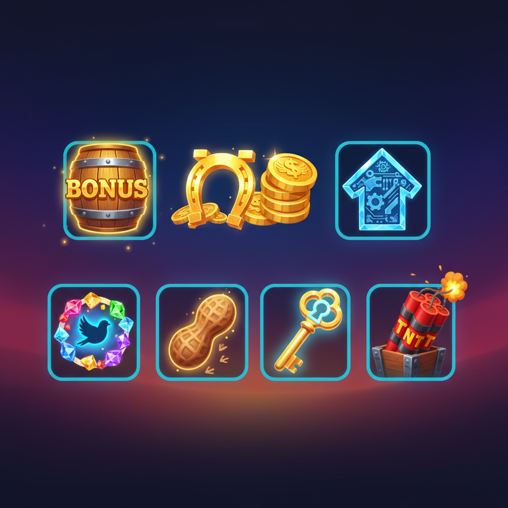 Pirots 3 alla åtta funktionssymboler inklusive bonus-tunna, gyllene hästsko, mynt, uppgradering, transformation, jordnöt, nyckel och dynamit
