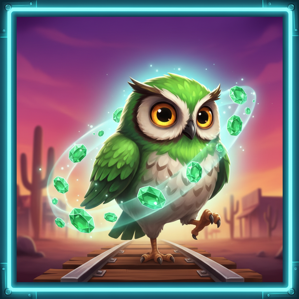 Pirots 3 Grön Fågel ugglelikanande med stora ögon som samlar smaragdgröna ädelstenar