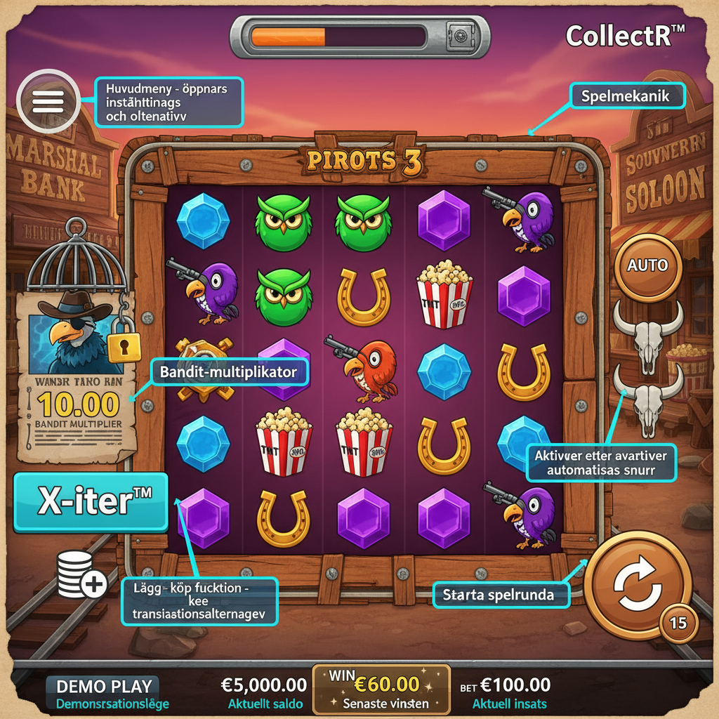 Pirots 3 gränssnitt med förklaring av alla knappar och deras funktioner