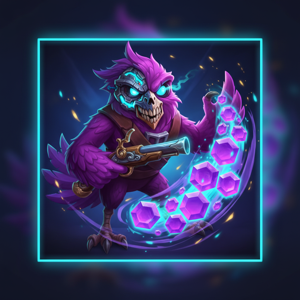 Pirots 3 Lila Fågel skurkartig karaktär med delat ansikte som samlar ametistlila ädelstenar