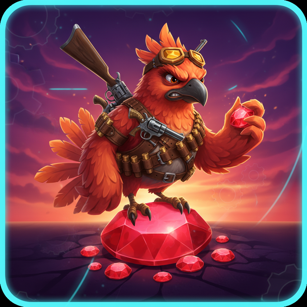 Pirots 3 Röd Fågel tungt beväpnad med vapen och ammunitionsbälten som samlar rubinröda ädelstenar