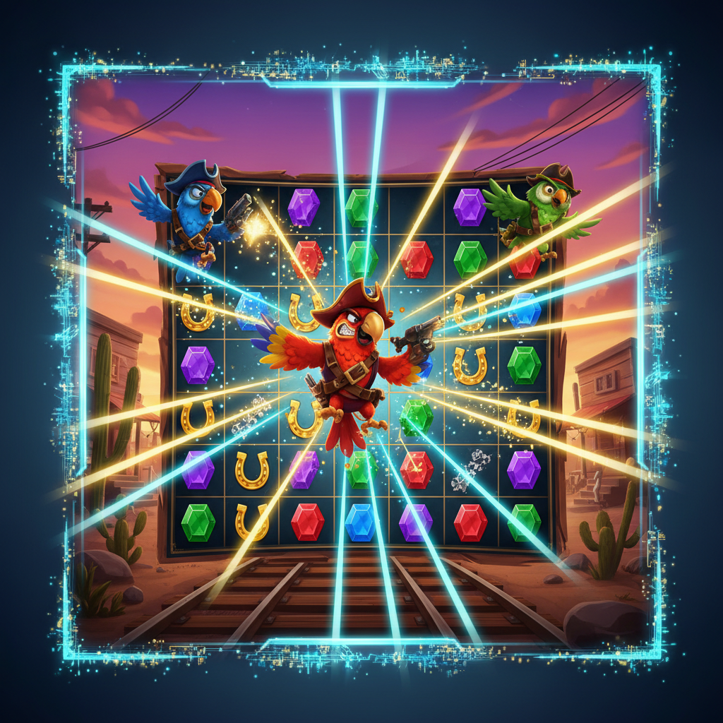 Pirots 3 Showdown-duell där tre fåglar skjuter i horisontella, vertikala och diagonala riktningar på spelplanen